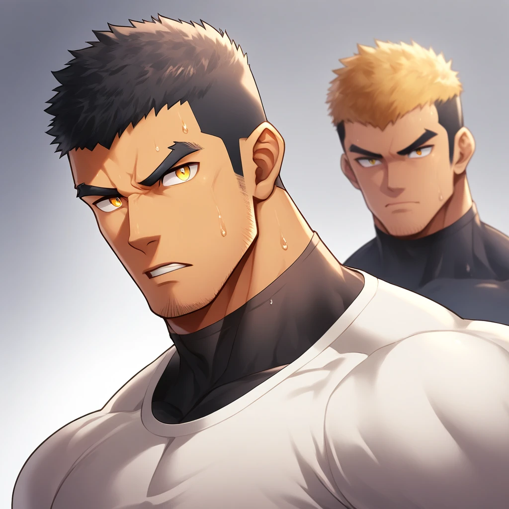 personnages d&#39;anime：Gyee,  peau noire profonde, Étudiant en sports musculaires, 1 Musclé tough guy, Virilité, foyer masculin, Gros plan du côté, T-shirt moulant à manches longues et col montant jaune clair, Très serré, Les vêtements étaient trempés de sueur, Les muscles pectoraux sont surdimensionnés, Légèrement transparent, Musclé male, Musclé, seulement, Haut du corps, seul, Cheveux courts noirs, sourcils épais, chaume, les yeux jaunes, fond gris, fond simple, qualité incroyable, Meilleure esthétique, Ridicule, pupilles brillantes, coupe ras du cou, lèvres entrouvertes, sourcils en forme de V, jitôme, mépris, ombre portée, Meilleure qualité