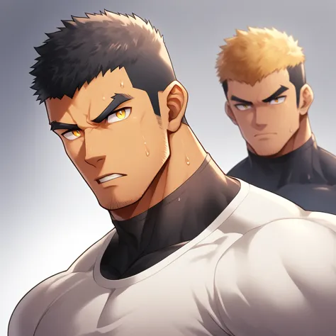 anime characters：Gyee,  Deep black skin, Muscle Sports Student, 1 muscular tough guy, Manliness, male focus, Close-up of the sid...