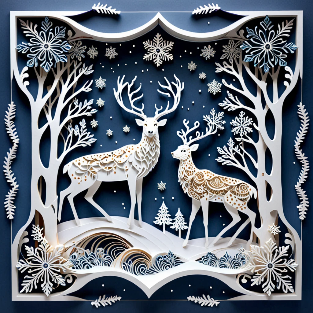 Create a detailed paper cutout artwork depicting a scene that combines snow with intricate patterns. The scene should include delicate snowflakes falling gently, each flake featuring unique and elaborate patterns. The background should incorporate swirling designs and geometric shapes that complement the snowflakes, creating a seamless blend between the natural and the abstract. The artwork should evoke a sense of tranquility and beauty, capturing the serene and intricate nature of snow and patterns. The overall mood should be elegant and peaceful, highlighting the delicate artistry of winter through detailed design.