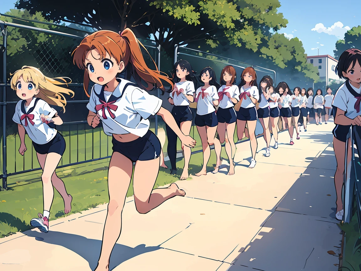 Highest quality,1990s anime style illustration,barefoot,Multiple Girls,Girls in gym clothes、Stand in line、Running in the schoolyard,All the girls are barefoot,The girls were sweating、I&#39;ll run for my life,White T-shirt and blue shorts,Several girls run side by side,Multiple Girlsたちを、Line up in a straight line、Let it run,running,The girls are out of breath、It&#39;s a tired look,