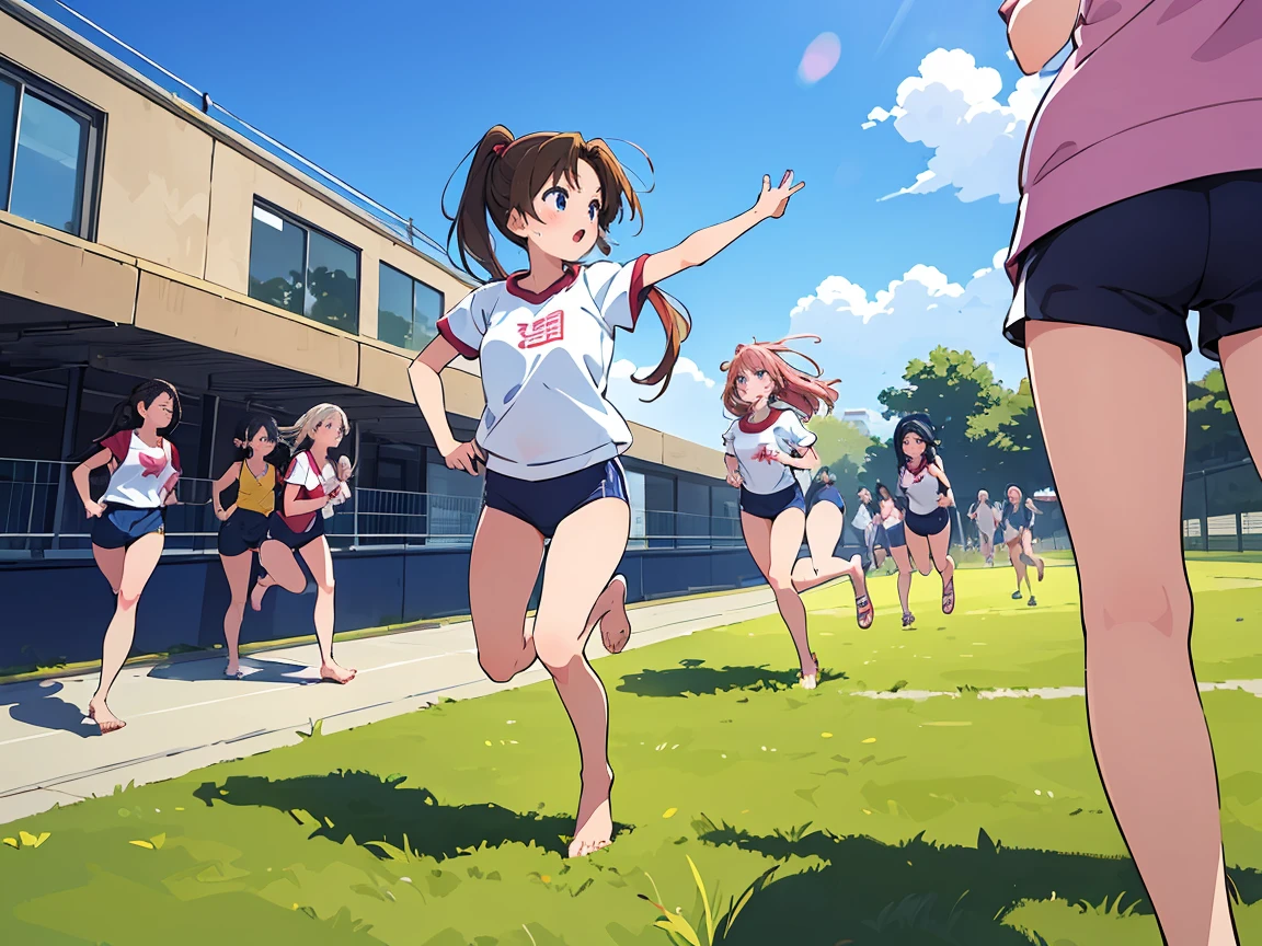 Highest quality,1990s anime style illustration,barefoot,Multiple Girls,Girls in gym clothes、Stand in line、Running in the schoolyard,All the girls are barefoot,The girls were sweating、I&#39;ll run for my life,White T-shirt and blue shorts,Several girls run side by side,Multiple Girlsたちを、Line up in a straight line、Let it run,running,The girls are out of breath、It&#39;s a tired look,