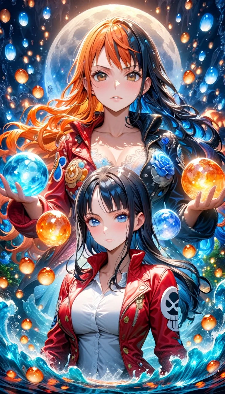 absurdesten, highres, Extrem detailliert, HDR, Meisterwerk, Nico Robin, schwarze lange Haare, ausdrucksstarke blaue Augen, ein Stück, Uns, lange orangefarbene Haare, ausdrucksstarke braune Augen, Zwei Frauen zusammen, Schön, schwarze Jacke, Rote Jacke, weißes Hemd, magisch, Fantasie, Wasser, blauer Mond, Sternenhimmel, blaue Glühwürmchen, blaue Blumen