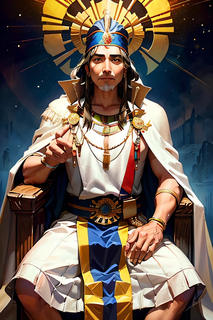 An older Inca Indian king sitting on a throne dressed in white with a blue cape and holding with both hands a big white flaming arrow and in the back a bright golden sun on the mountains