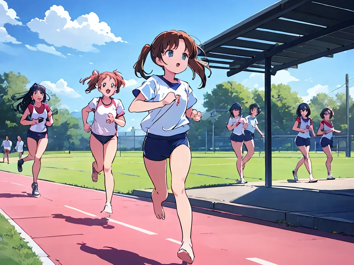 Highest quality,1990s anime style illustration,barefoot,Multiple Girls,Girls in gym clothes、Stand in line、Running in the schoolyard,All the girls are barefoot,The girls were sweating、I&#39;ll run for my life,White T-shirt and blue shorts,Several girls run side by side,Multiple Girlsたちを、Line up in a straight line、Let it run,running,The girls are out of breath、It&#39;s a tired look,