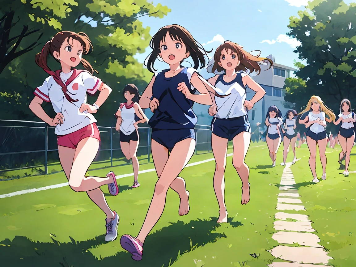 höchste Qualität,Illustration im Anime-Stil der 1990er Jahre,barfuß,mehrere Mädchen,Mädchen in Sportkleidung、Stand in line、Laufen auf dem Schulhof,All the girls are barfuß,Die Mädchen schwitzten、I&#39;Ich renne um mein Leben,Weißes T-Shirt und blaue Shorts,Mehrere Mädchen laufen nebeneinander,mehrere Mädchenたちを、Richten Sie sich in einer geraden Linie aus、Let it run,läuft,Die Mädchen sind außer Atem、Es&#39;mit müdem Blick,