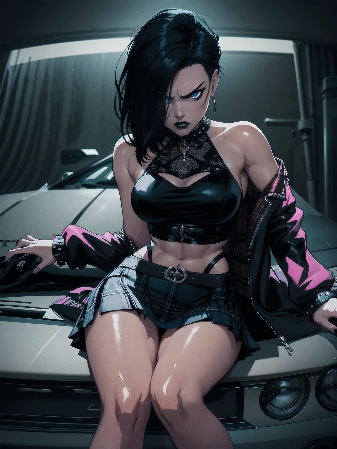 a woman with medium black hair, hair on shoulders,  wearing plaid skirt, black jacket,  blue eyes, gothic art, cute aesthetic with vibe, toon aesthetic, wearing gothic accessories, look like Cassie Hack, upper body, angry,  sitting on the car, garage background, dinamic poses