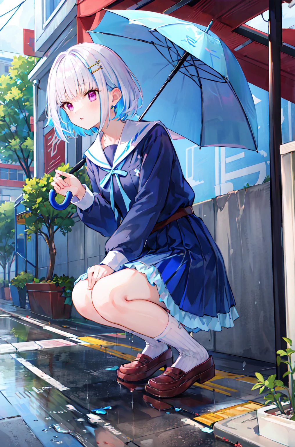 masterpiece, best quality, highres, lh1, hairclip, short hair, white sailor collar, blue shirt, long sleeves, blue ribbon, , serafuku, Raining, Umbrella, Puddle of water underfoot