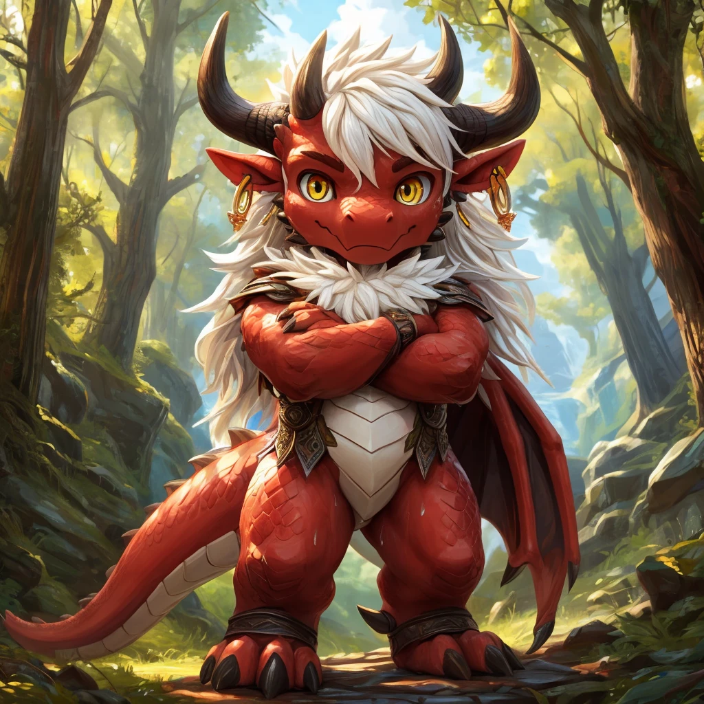 ultra-detailed, masterpiece, masterwork, high quality, best quality, hdr, (nature), nsfw, male, solo, chibi, dragon, ((brief)), (little red body minotaur), (white body), (long golden hair, yellow eyes, cool eyes), standing, cross your arms, dynamic angle, earrings, sweat