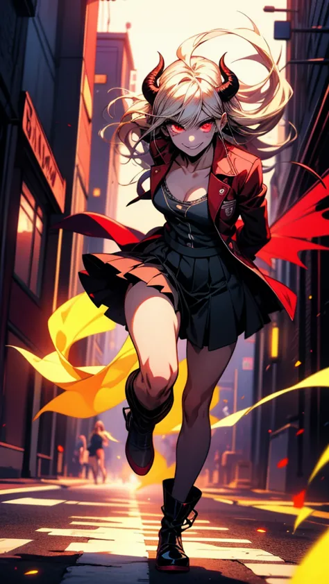 Anime girl with horns and glowing eyes running down the street, With glowing eyes, Wicked smile and glowing eyes, Devil Anime Gi...