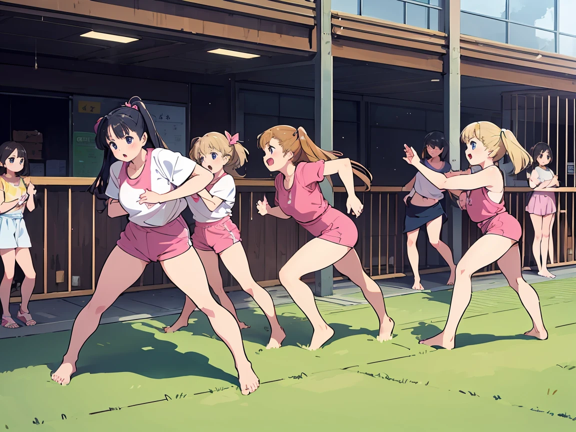 höchste Qualität,Illustration im Anime-Stil der 1990er Jahre,barfuß,mehrere Mädchen,in Sportkleidung gekleidet、Die dicken Mädchen、Stand in line、Übe Sumo-Schlagbewegungen,All the girls are barfuß,Die Mädchen schwitzten、I&#39;Ich werde verzweifelt in die Hände klatschen,Weißes T-Shirt und blaue Shorts,Mehrere Mädchen stehen in einer Reihe,mehrere Mädchenたちを、Bitte reihen Sie sie auf,Die Mädchen sind außer Atem、Es&#39;mit müdem Blick,