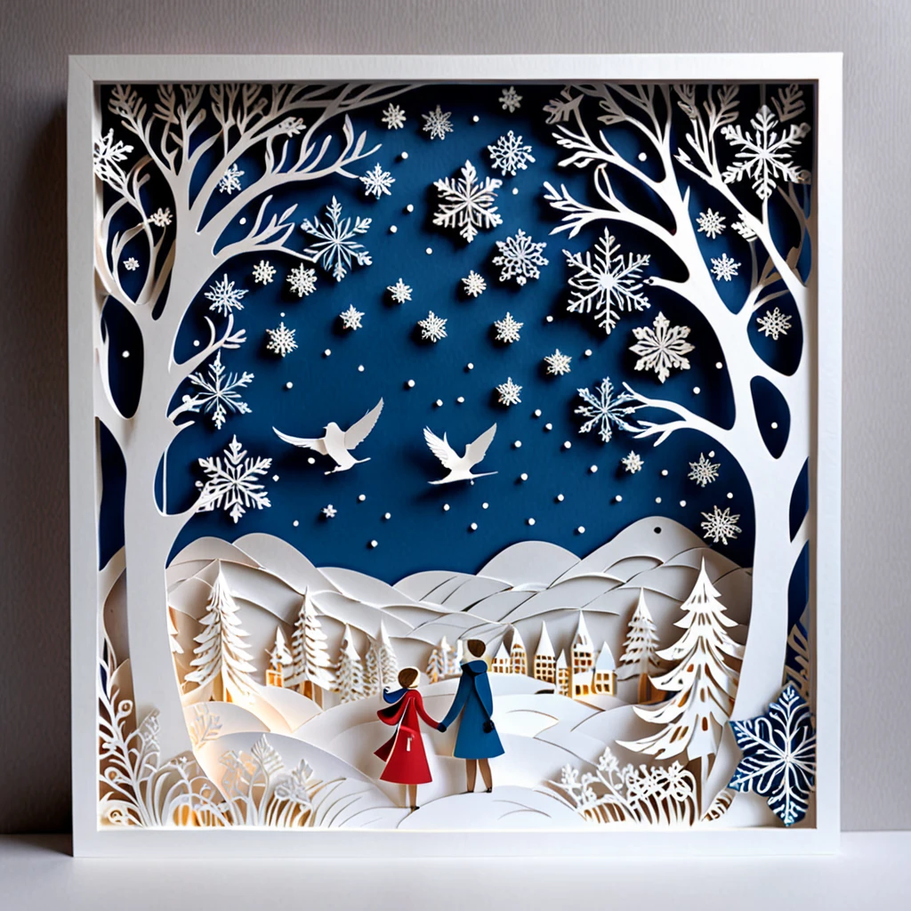 Create a detailed paper cutout artwork depicting a scene that combines snow with intricate patterns. The scene should include delicate snowflakes falling gently, each flake featuring unique and elaborate patterns. The background should incorporate swirling designs and geometric shapes that complement the snowflakes, creating a seamless blend between the natural and the abstract. The artwork should evoke a sense of tranquility and beauty, capturing the serene and intricate nature of snow and patterns. The overall mood should be elegant and peaceful, highlighting the delicate artistry of winter through detailed design.