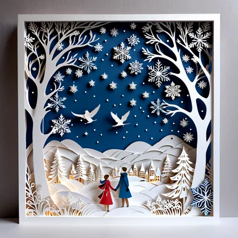 Create a detailed paper cutout artwork depicting a scene that combines snow with intricate patterns. The scene should include de...