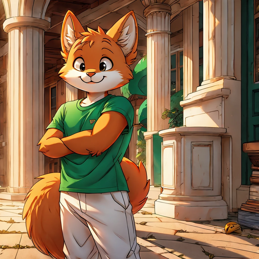 Cute orange furry in green shirt and in a white pants