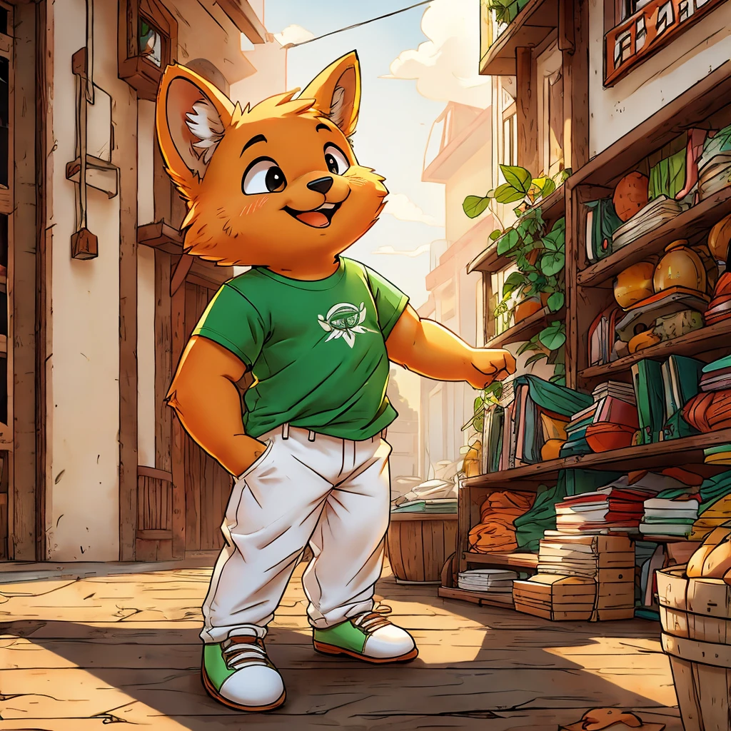 Cute orange furry in green shirt and in a white pants