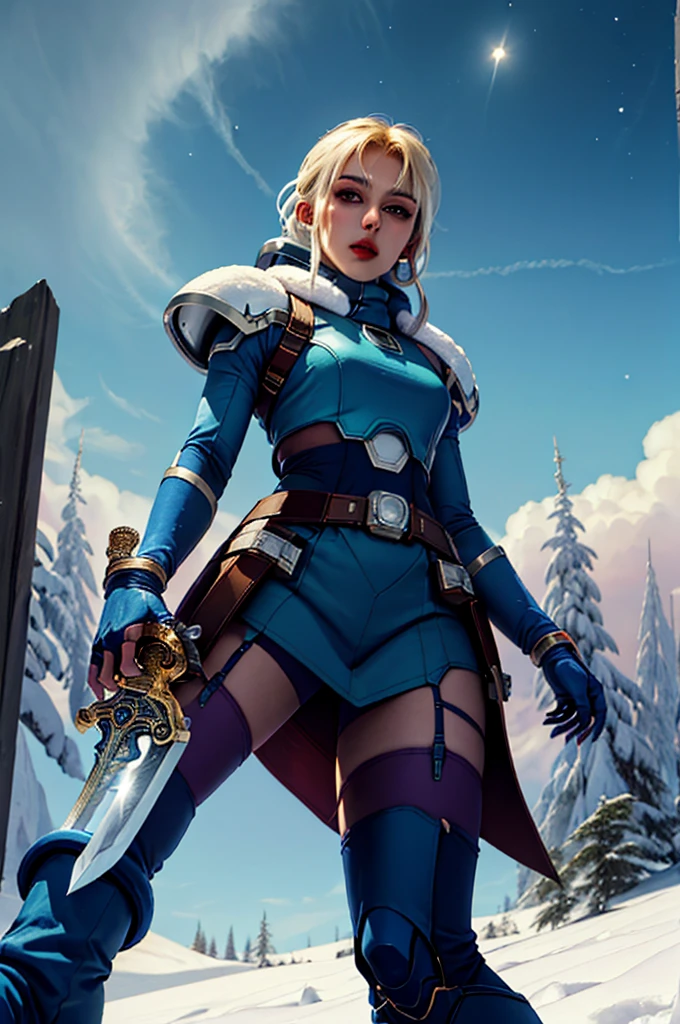 ((best quality)), ((masterpiece)), (detailed),  knight , (sci-fi illustration:1.3, longshot pos, mystical sky , bright colors, (detail sci-fi background), (high-resolution:1.2, high res, (winter), mega man art style, female, beautiful face, beautiful lips, sword, stockings, boots,4k)