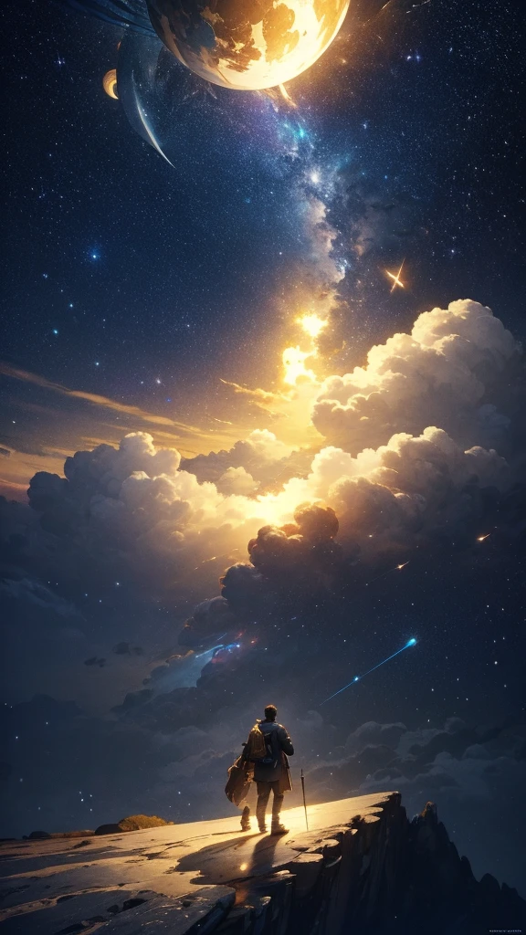 (Highly detailed CG Unity 8k wallpaper), A man looking up at the night sky, The most beautiful space art panorama, SF universe scenery, planet, Ed Blinky, Atey Gailan, Professional and spectacular paintings from Studio Ghibli, Jeremy Mann, Greg Manchess, Antonio Moro, Trending on Art Station, Trending on CGSociety, complicated, High detail, Sharp focus, dramatic, Photorealistic paintings by Midjourney and Greg Rutkowski