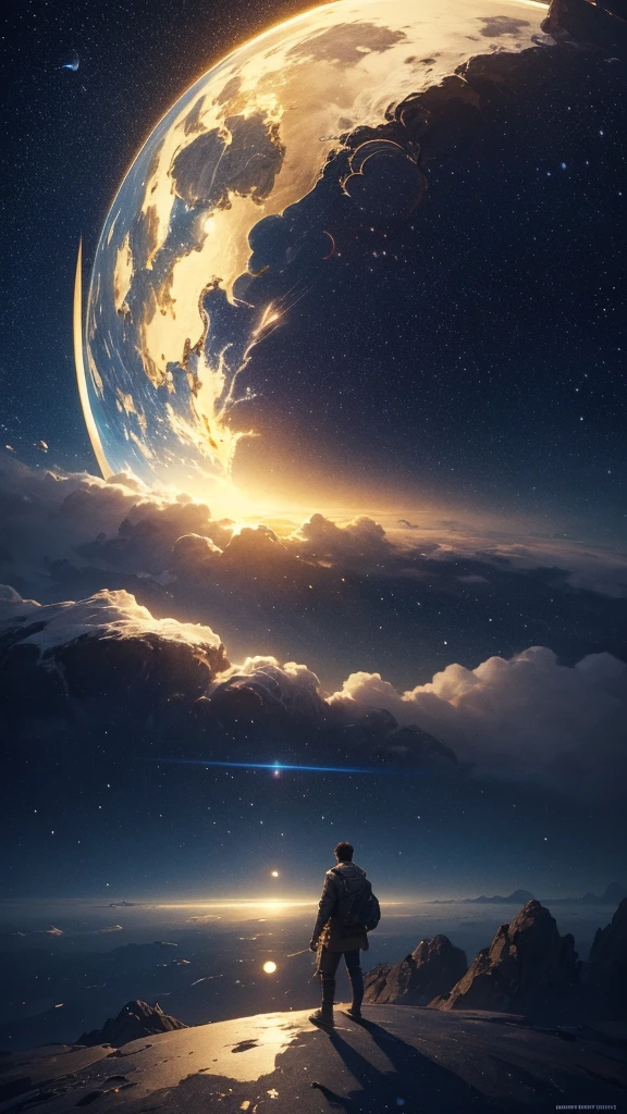 (Fond d&#39;écran CG Unity 8K très détaillé), Un homme regardant le ciel nocturne, Le plus beau panorama de l&#39;art spatial, Décor de l&#39;univers SF, planète, Ed Blinky, Atey Gailan, Peintures professionnelles et spectaculaires du Studio Ghibli, Jérémie Mann, Greg Manches, Antonio Moro, tendance sur art station, tendance sur CGSociety, compliqué, Détails élevés, netteté, Spectaculaire, Peintures photoréalistes de Midjourney et Greg Rutkowski