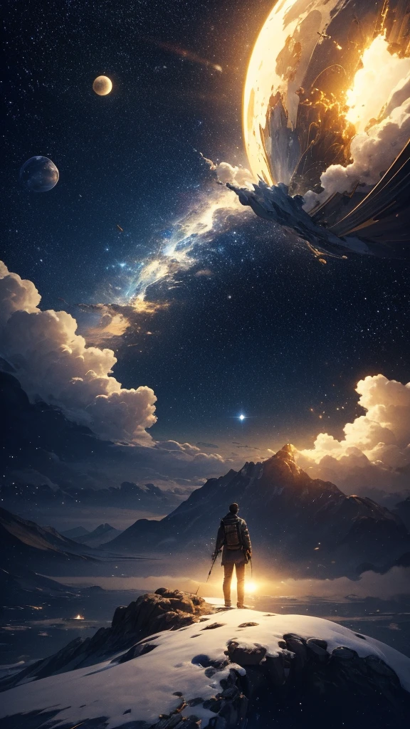 (Highly detailed CG Unity 8k wallpaper), A man looking up at the night sky, The most beautiful space art panorama, SF universe scenery, planet, Ed Blinky, Atey Gailan, Professional and spectacular paintings from Studio Ghibli, Jeremy Mann, Greg Manchess, Antonio Moro, Trending on Art Station, Trending on CGSociety, complicated, High detail, Sharp focus, dramatic, Photorealistic paintings by Midjourney and Greg Rutkowski