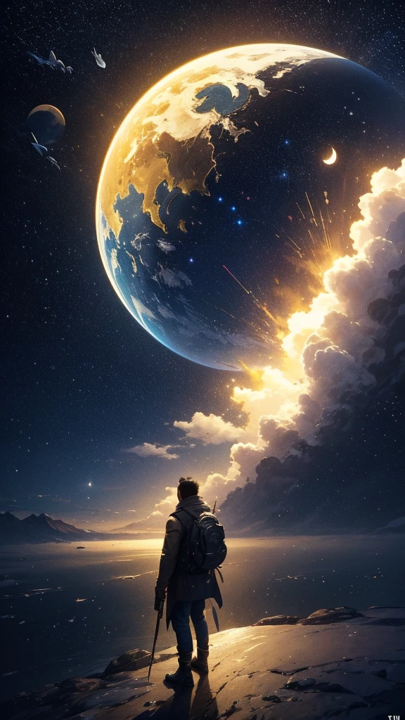 (Highly detailed CG Unity 8k wallpaper), A man looking up at the night sky, The most beautiful space art panorama, SF universe scenery, planet, Ed Blinky, Atey Gailan, Professional and spectacular paintings from Studio Ghibli, Jeremy Mann, Greg Manchess, Antonio Moro, Trending on Art Station, Trending on CGSociety, complicated, High detail, Sharp focus, dramatic, Photorealistic paintings by Midjourney and Greg Rutkowski