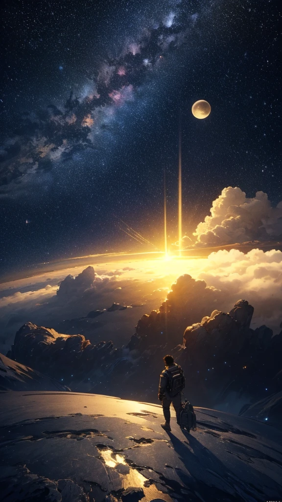 (Highly detailed CG Unity 8k wallpaper), A man looking up at the night sky, The most beautiful space art panorama, SF universe scenery, planet, Ed Blinky, Atey Gailan, Professional and spectacular paintings from Studio Ghibli, Jeremy Mann, Greg Manchess, Antonio Moro, Trending on Art Station, Trending on CGSociety, complicated, High detail, Sharp focus, dramatic, Photorealistic paintings by Midjourney and Greg Rutkowski