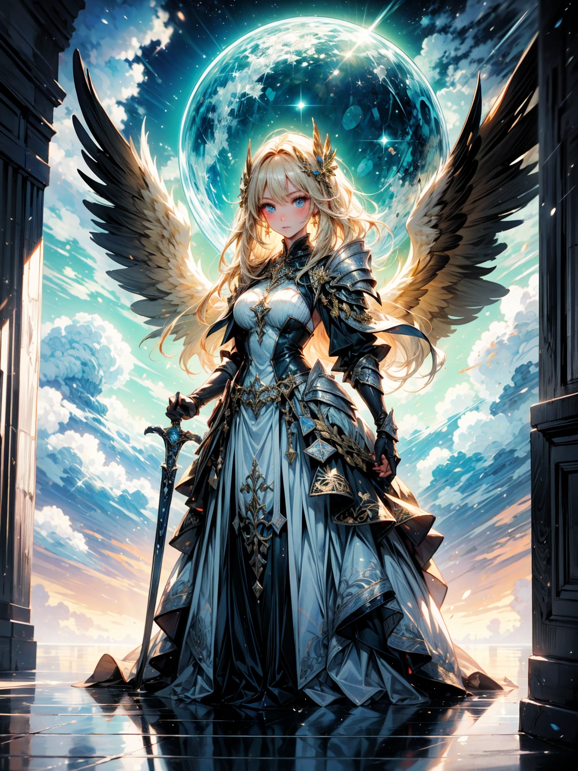 ((full body shot)) of a girl in shining, ornate golden armor with intricate engravings, standing in a radiant, heavenly realm. She has long, flowing blonde hair and glowing blue eyes. Large, feathered white wings spread majestically behind her. She holds a gleaming, holy sword in her hands, which emits a divine light. The atmosphere is {sacred|majestic}, with beams of sunlight filtering through ethereal clouds. The ground beneath her is made of polished marble, reflecting her radiant form and adding to the celestial ambiance. Surrounding her are floating orbs of light in shades of {gold|white}, casting a warm, heavenly glow. The background features grand, towering structures made of pristine, white stone and adorned with golden accents, hinting at a holy sanctuary. The scene is serene and awe-inspiring, with her face exuding a calm yet determined expression, her eyes focused intently on her holy mission.

[Best quality], [Masterpiece], [Ultra-detailed], [4k], {serene|majestic} atmosphere, heavenly realm, {dynamic pose|heroic pose}, radiant illumination, {soft shadows|divine lighting}, {reflected light on marble:0.7}, {ethereal clouds:0.6}, {floating light orbs:0.5}, {golden accents:0.4}, {pristine structures:0.3}.