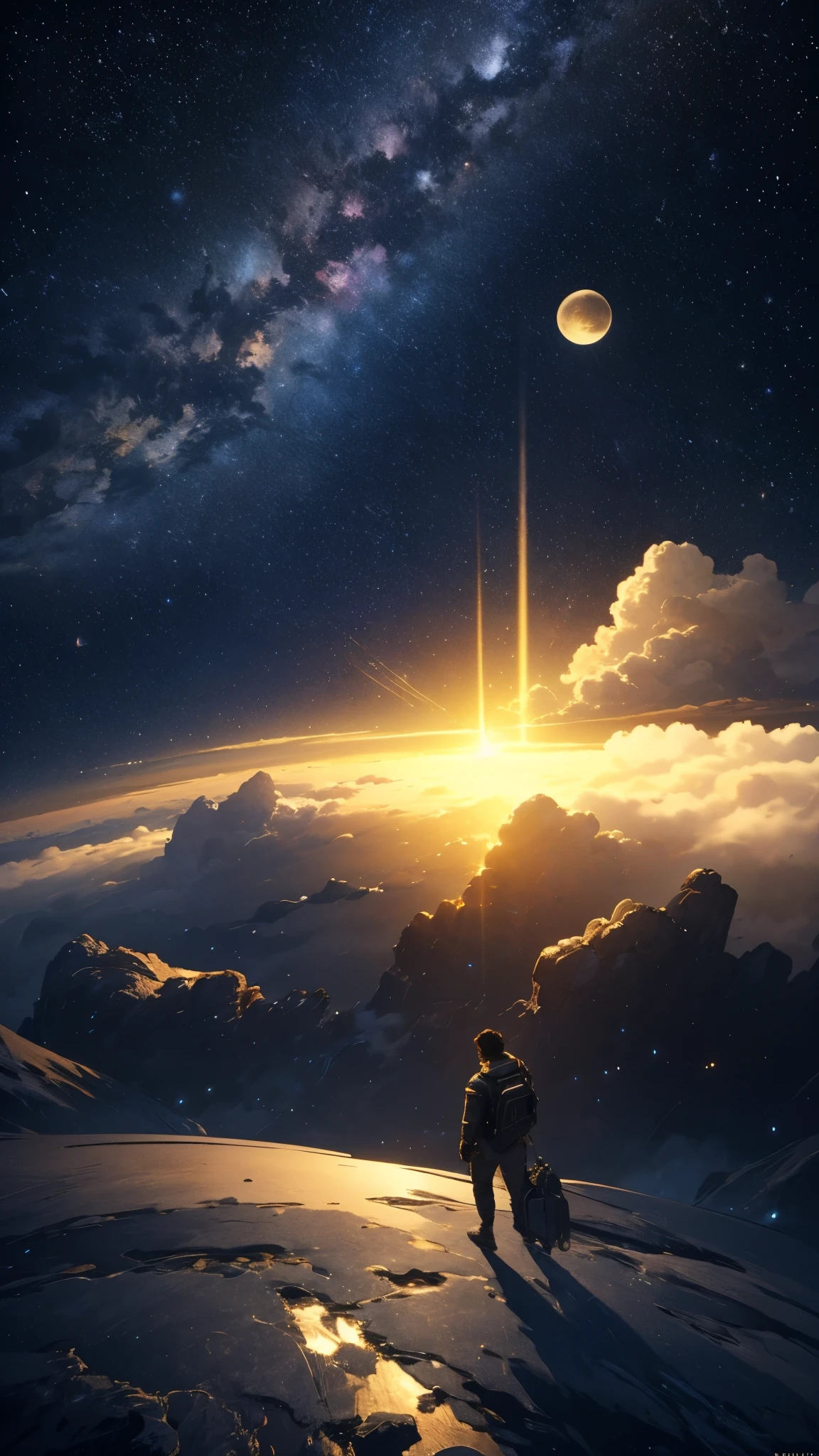 (Highly detailed CG Unity 8k wallpaper), A man looking up at the night sky, The most beautiful space art panorama, SF universe scenery, planet, Ed Blinky, Atey Gailan, Professional and spectacular paintings from Studio Ghibli, Jeremy Mann, Greg Manchess, Antonio Moro, Trending on Art Station, Trending on CGSociety, complicated, High detail, Sharp focus, dramatic, Photorealistic paintings by Midjourney and Greg Rutkowski