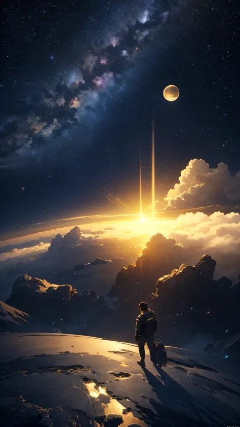 (Highly detailed CG Unity 8k wallpaper), A man looking up at the night sky, The most beautiful space art panorama, SF universe s...