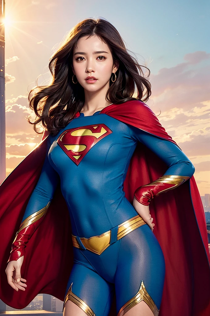 Realistic, High resolution, Soft Light,1 Female, alone, Hip Up, (Detailed face), jewelry, Superman's Clothes, Bodysuits, Cape