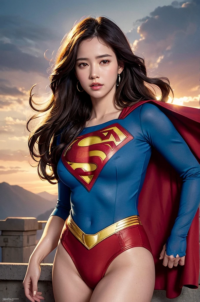 Realistic, High resolution, Soft Light,1 Female, alone, Hip Up, (Detailed face), jewelry, Superman's Clothes, Bodysuits, Cape