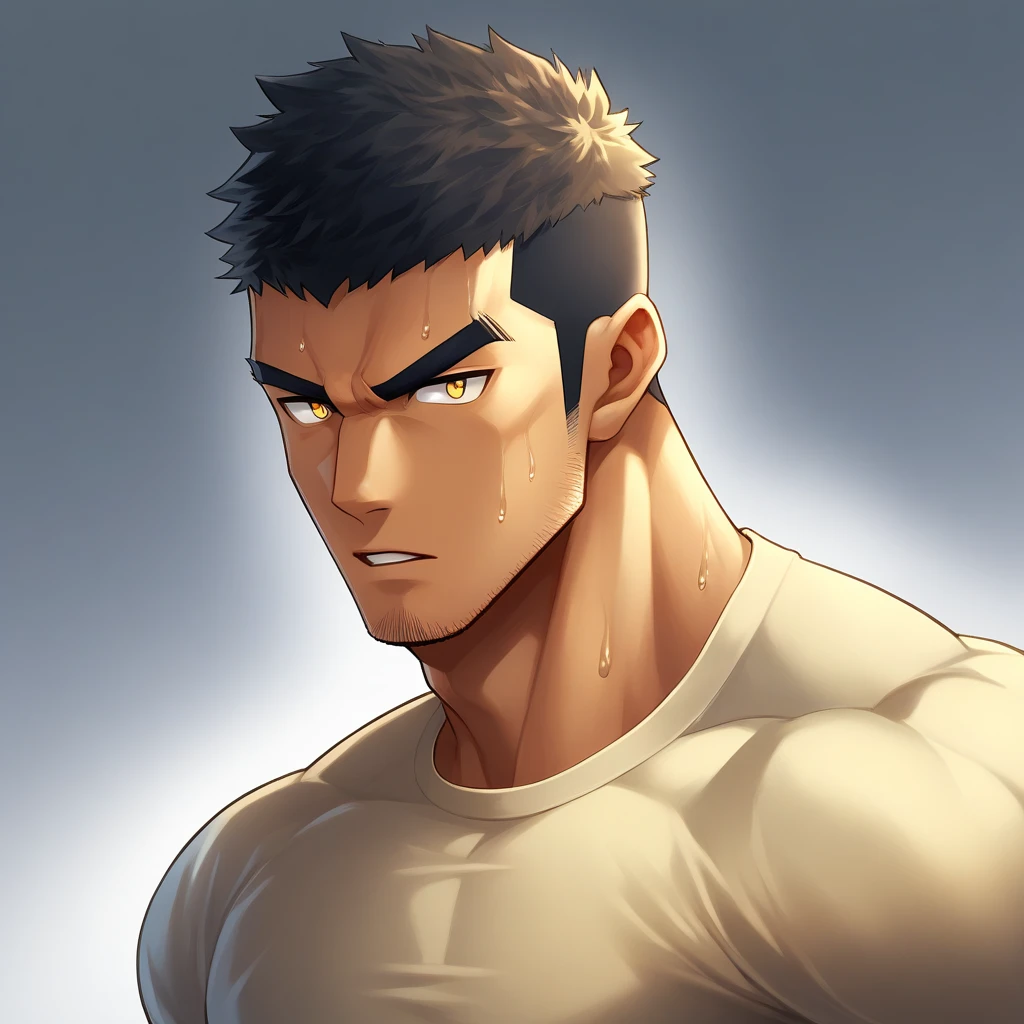 アニメキャラクター：ギー,  真っ黒な肌, 筋肉スポーツ学生, 1 筋肉質 tough guy, 男らしさ, 男性中心, 側面の拡大図, ライトイエローのハイカラー長袖タイトTシャツ, とてもきつい, 服は汗でびっしょり濡れていた, 胸筋は大きすぎる, わずかに透明, 筋肉質 male, 筋肉質, のみ, 上半身, 一人で, 黒のショートヘア, 太い眉毛, 無精ひげ, 黄色い目, 灰色の背景, シンプルな背景, 素晴らしい品質, 最高の美学, ばかげている, 明るい瞳, クルーカット, 唇を離した, V字型の眉毛, じとめ, 軽蔑, 影を落とす, 最高品質