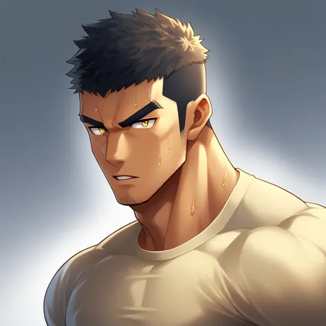 anime characters：Gyee,  Deep black skin, Muscle Sports Student, 1 muscular tough guy, Manliness, male focus, Close-up of the sid...