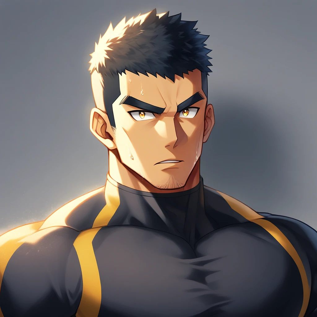 anime characters：Gyee,  Deep black skin, Muscle Sports Student, 1 muscular tough guy, Manliness, male focus, Close-up of the side, Light yellow 高领的high collar long sleeve tight T-shirt, Very tight, The clothes were soaked with sweat, The pectoral muscles are oversized, Slightly transparent, muscular male, muscular, only, Upper body, alone, Black short hair, Thick eyebrows, stubble, Yellow eyes, Grey background, simple background, amazing quality, best aesthetics, Ridiculous, bright pupils, crew cut, parted lips, v-shaped eyebrows, jitome, disdain, drop shadow, best quality