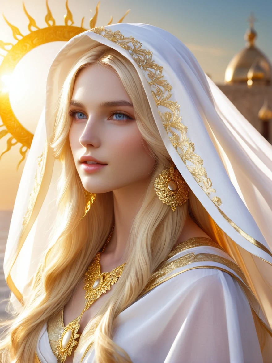إلهة الشمس فائقة الجمال，شعر طويل أشقر，يرتدي غطاء محرك السيارة الأبيض والذهبي，لبس الحجاب المزين بالذهب