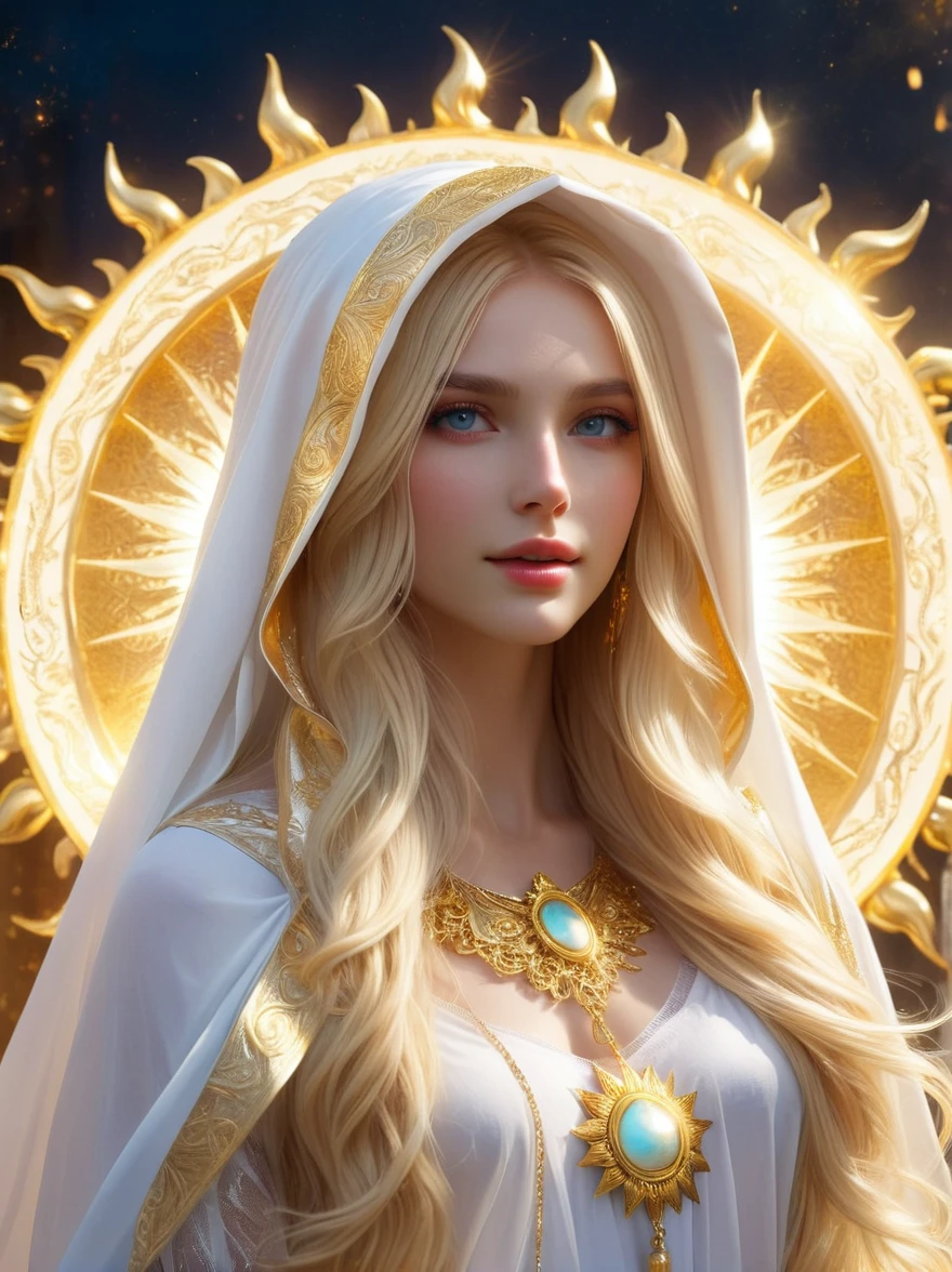 إلهة الشمس فائقة الجمال，شعر طويل أشقر，يرتدي غطاء محرك السيارة الأبيض والذهبي，لبس الحجاب المزين بالذهب