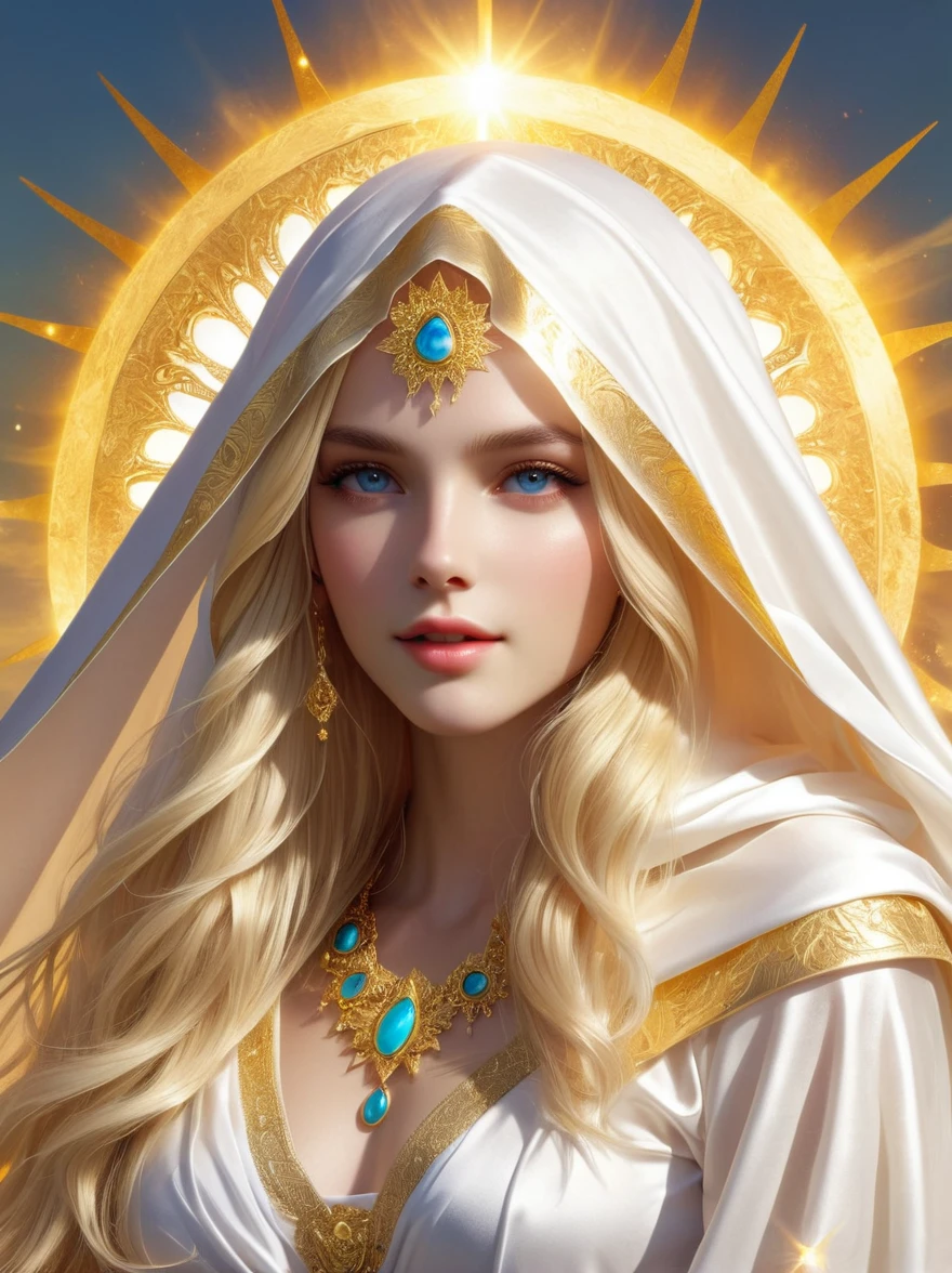 A super beautiful sun goddess，Long blond hair，Wearing a white and gold hood，Wearing a veil decorated with gold