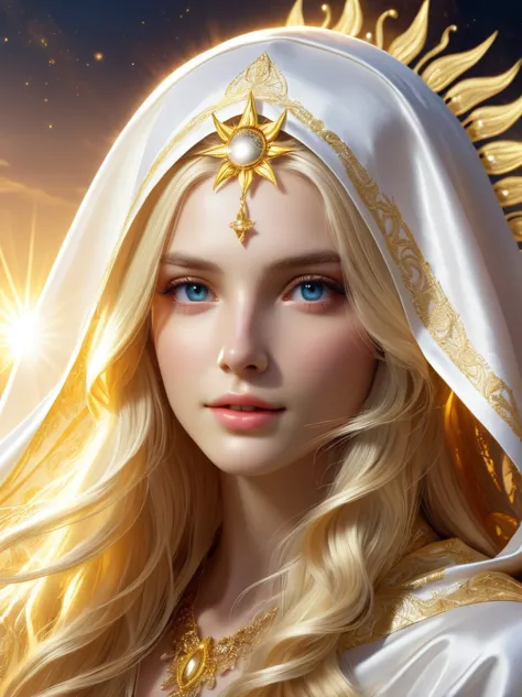 A super beautiful sun goddess，Long blond hair，Wearing a white and gold hood，Wearing a veil decorated with gold