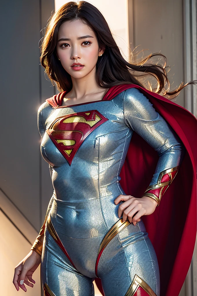 Realistic, High resolution, Soft Light,1 Female, alone, Hip Up, (Detailed face), jewelry, Superman's Clothes, Bodysuits, Cape
