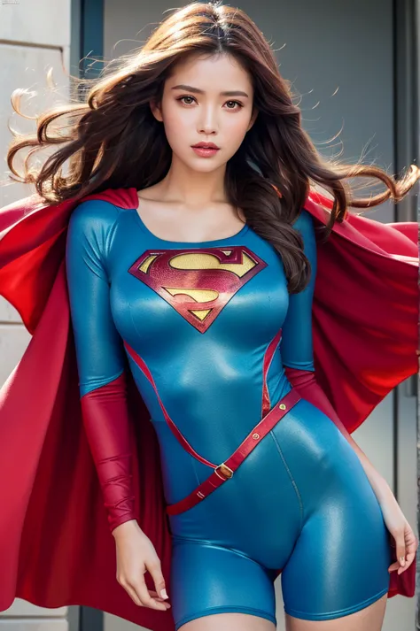 Realistic, High resolution, Soft Light,1 Female, alone, Hip Up, (Detailed face), jewelry, Superman's Clothes, Bodysuits, Cape
