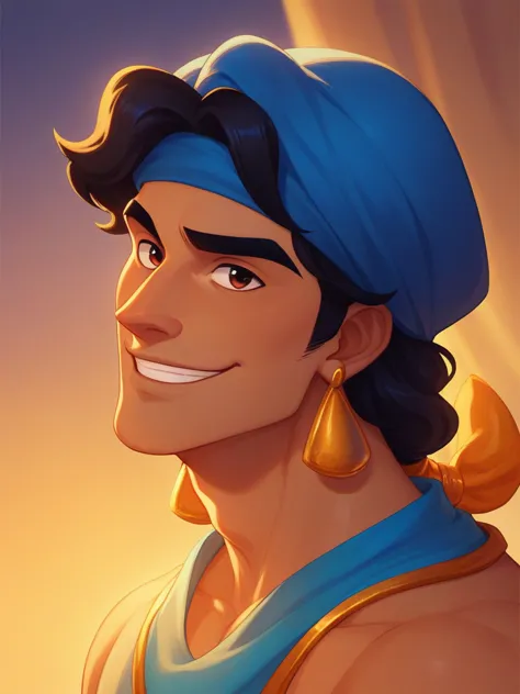 score_9, score_8_up, score_8, score_7_up, volumetric lighting, aladdin prince ali, solo, smile, 1boy, male focus, turban,