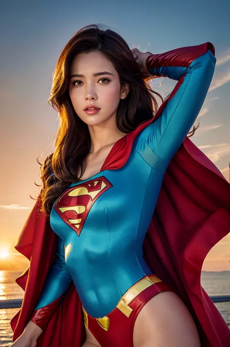 realistic, high resolution, soft light,1 female, alone, hip up, (detailed face), jewelry, superman's clothes, bodysuits, cape