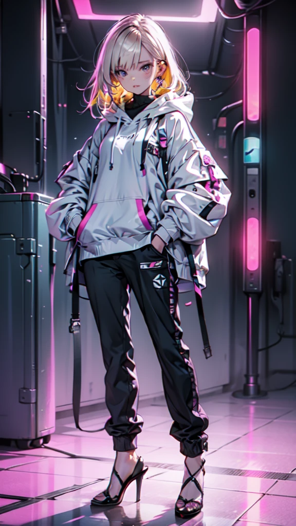une fille aux longs cheveux jaunes, yeux bleus, portant un sweat à capuche orange et des talons noirs, dans un décor cyberpunk avec la main dans la poche, fond rose