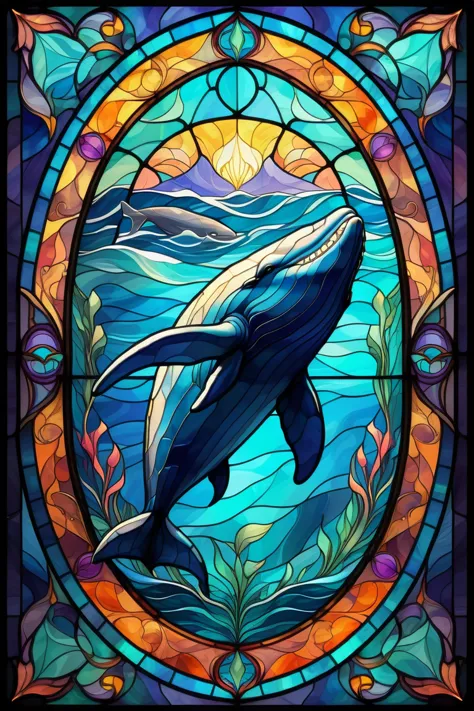 2d stained glass window,swiming whale in window frame. dungeons and dragons art. symmetrical design, in the style of stained gla...