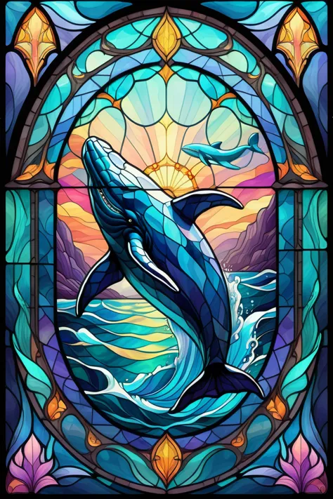 2d stained glass window,swiming whale in window frame. dungeons and dragons art. symmetrical design, in the style of stained gla...