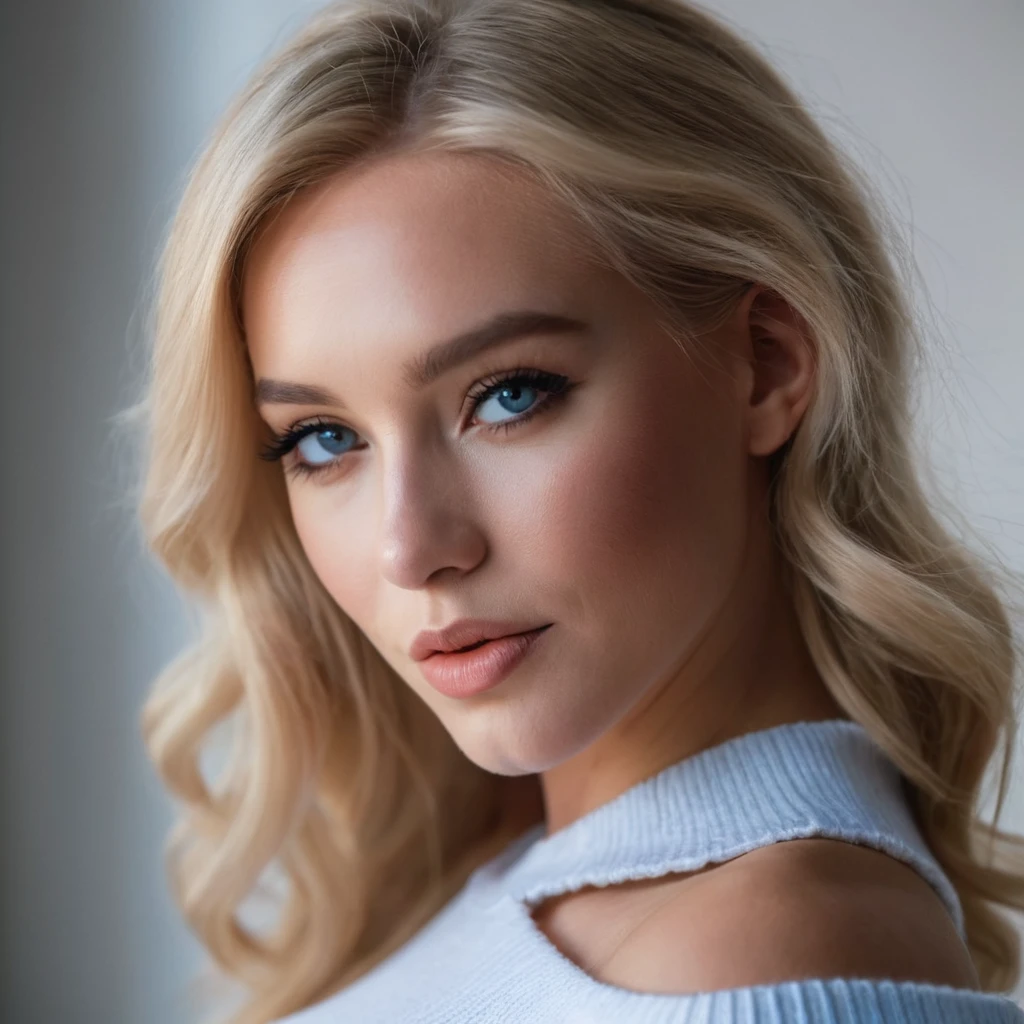 close-up of beautiful girl, elegant, flirty, sexy, oversized white half sweater top showing bare shoulders, blonde, puffy, blue iris, modern, cinematic lighting, side lighting, professional photography,