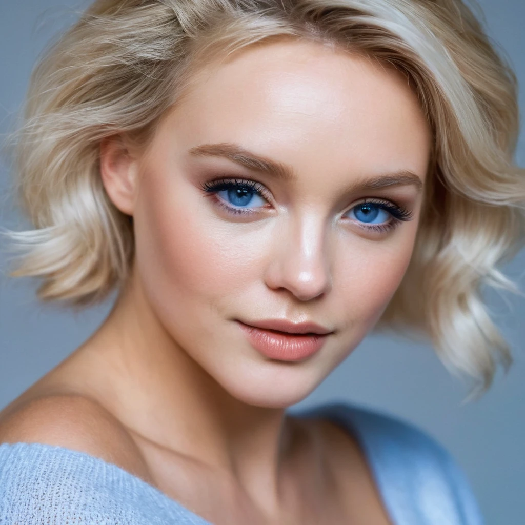 close-up of beautiful girl, elegant, flirty, sexy, oversized white half sweater top showing bare shoulders, blonde, puffy, blue iris, modern, cinematic lighting, side lighting, professional photography,