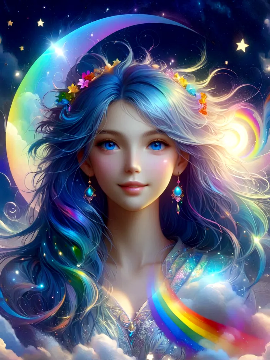 1xknh1, (full-body shot:1.4), moonlight goddess,lively eyes,full of love and light energy,with a rainbow like light