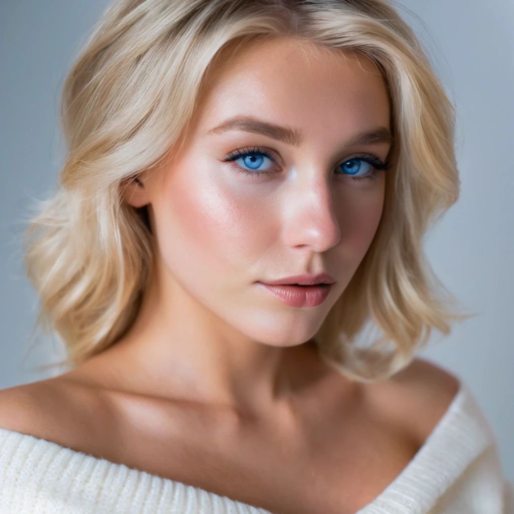 close-up of beautiful girl, elegant, flirty, sexy, oversized white half sweater top showing bare shoulders, blonde, puffy, blue iris, modern, cinematic lighting, side lighting, professional photography,