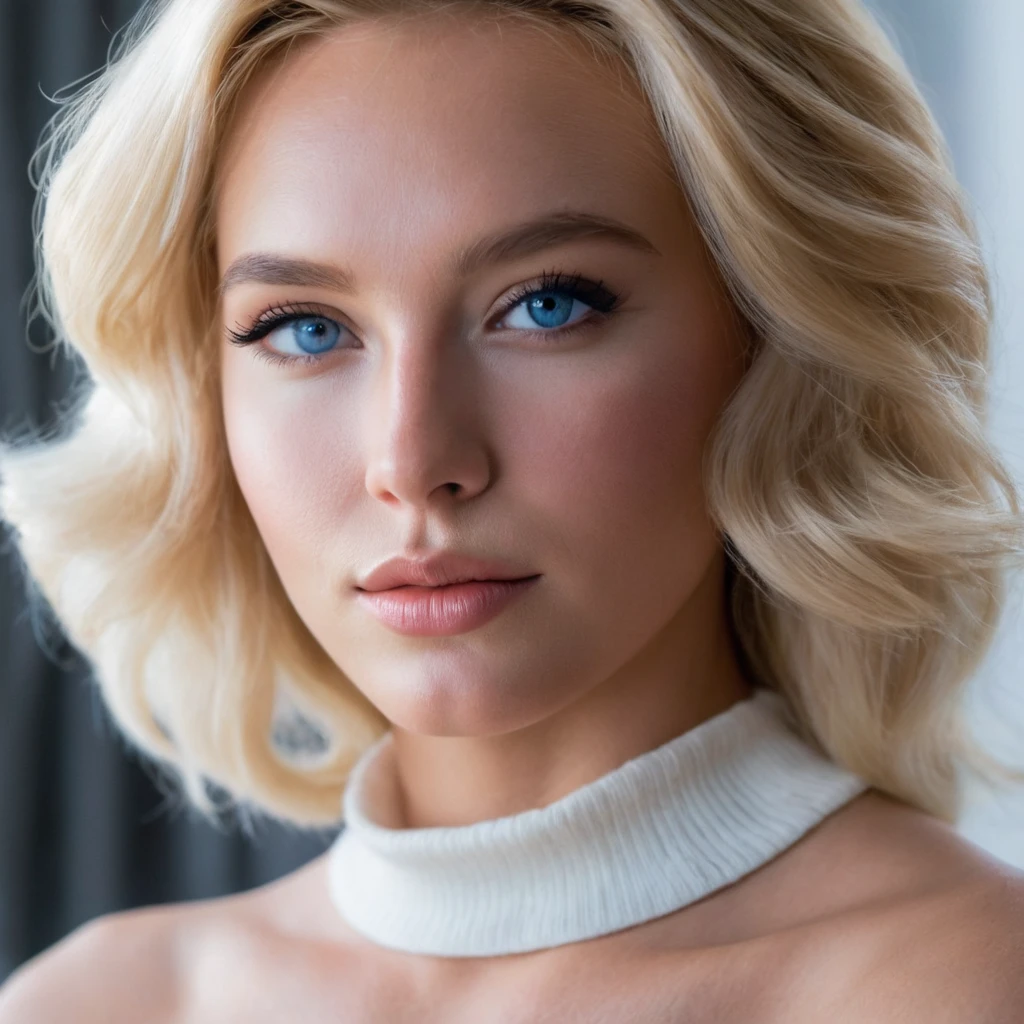 close-up of beautiful girl, elegant, flirty, sexy, oversized white half sweater top showing bare shoulders, blonde, puffy, blue iris, modern, cinematic lighting, side lighting, professional photography,