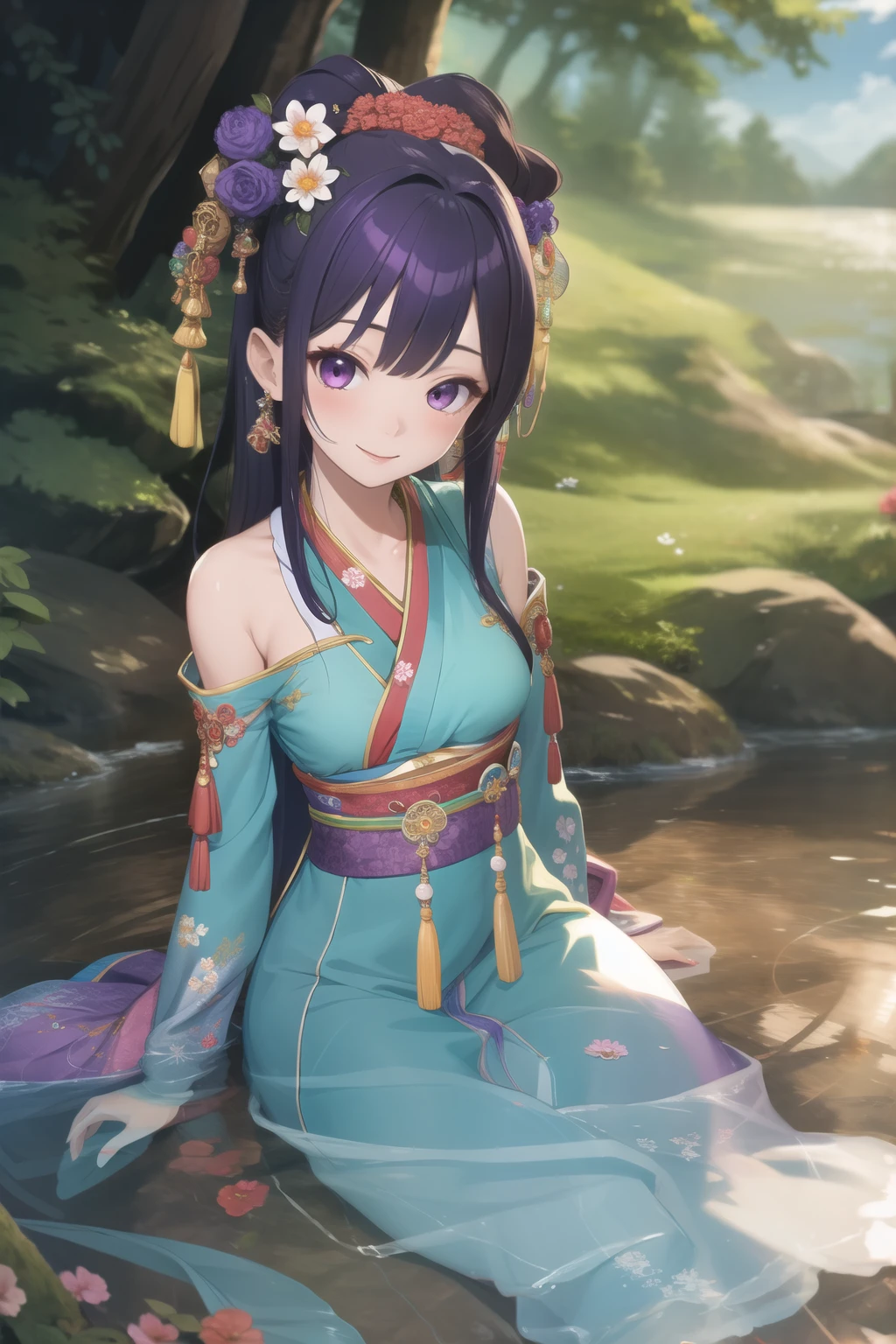 (masterpiece, best quality:1.2), Intricate details, Spirit Flower Soraka, 1 Girl, Purple Skin, Skin of color, Single speaker, kimono, Hair accessories, Bare shoulders, Smile