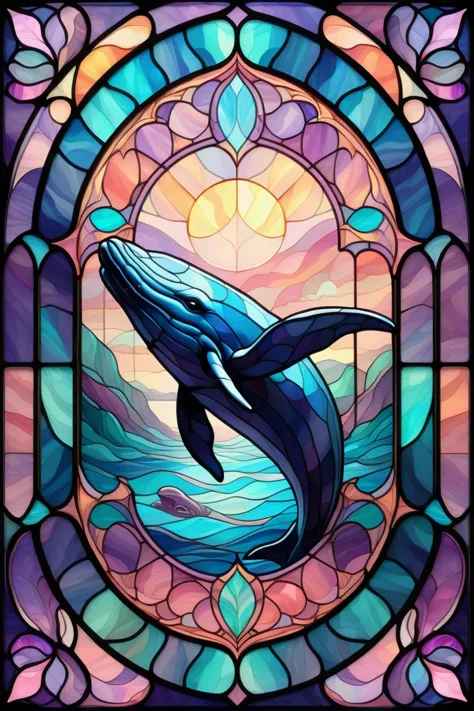 2d stained glass soft,pastel colors,whale in window frame. dungeons and dragons art. symmetrical design, in the style of stained...